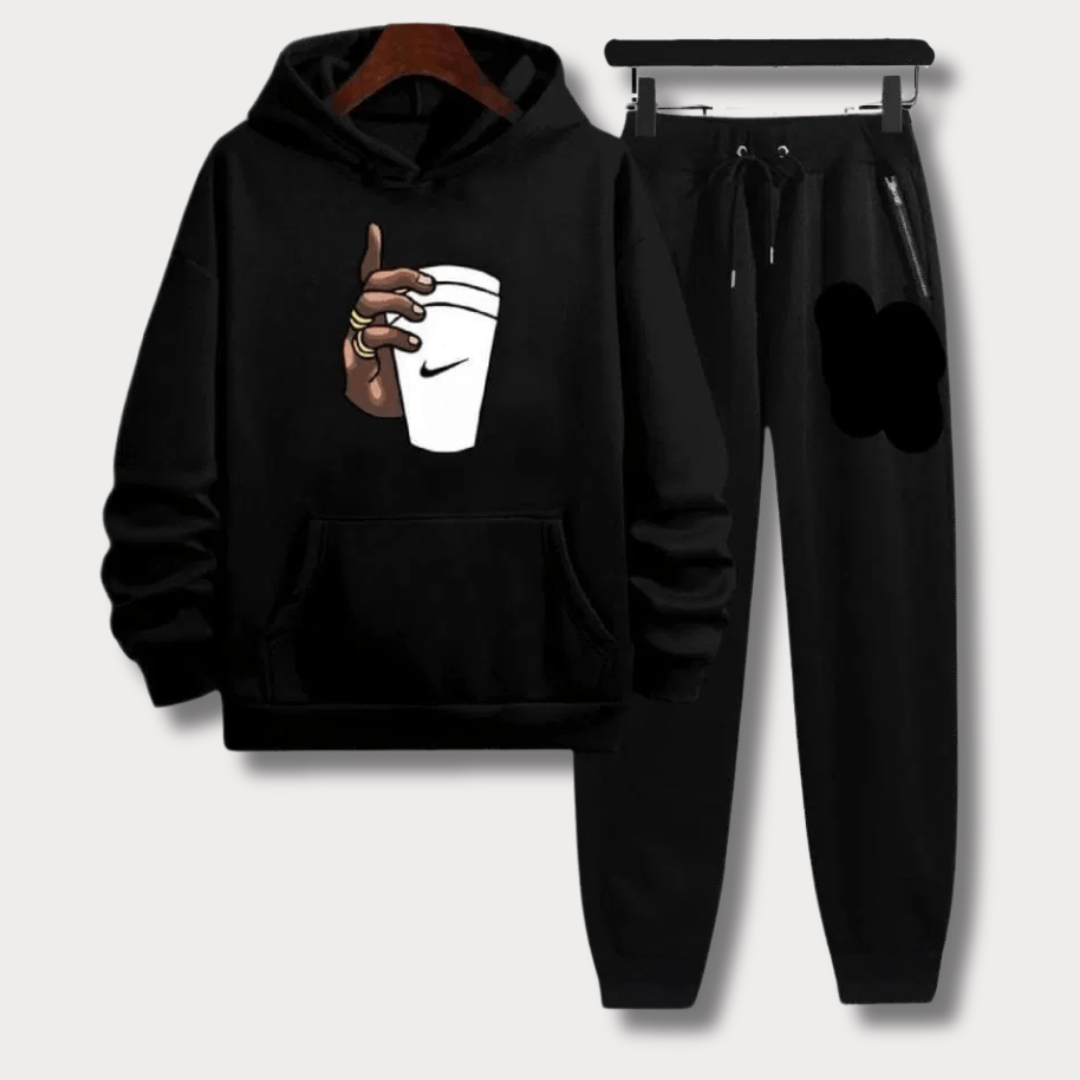 Black Hand With Cup Printed Fleece Hoodie Bn-Ahmad Collection