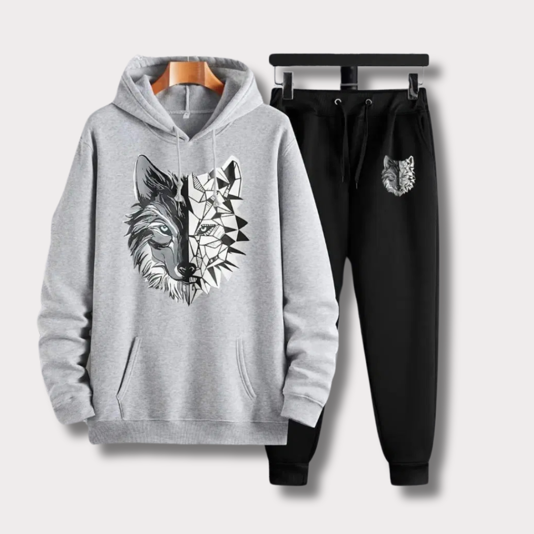 Men's Grey Fleece Wolf Hoodie Printed Track Suit - Bn-Ahmad Collection