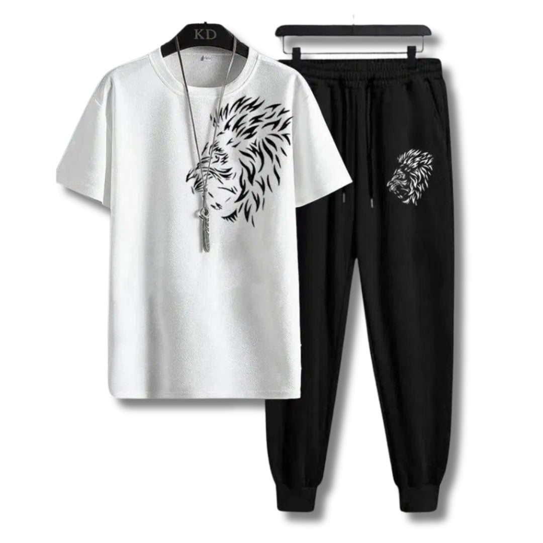 2 Pcs Men's Lion Printed Track Suit Bn-Ahmad Collection White M 