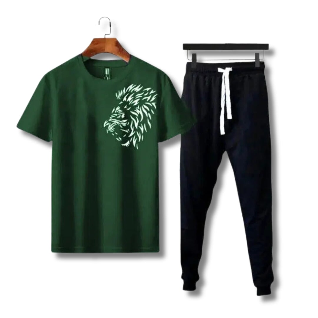 2 Pcs Men's Lion Printed Track Suit Bn-Ahmad Collection Green M 
