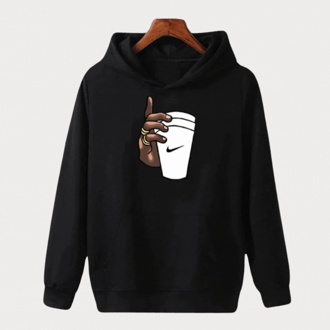 Black Hand With Cup Printed Cotton Hoodie Bn-Ahmad Collection 
