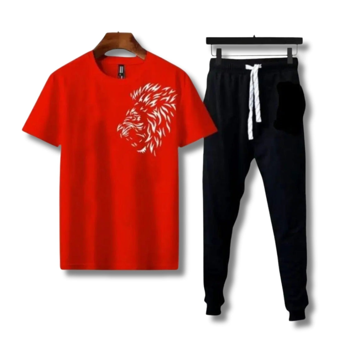 2 Pcs Men's Lion Printed Track Suit Bn-Ahmad Collection Red M 