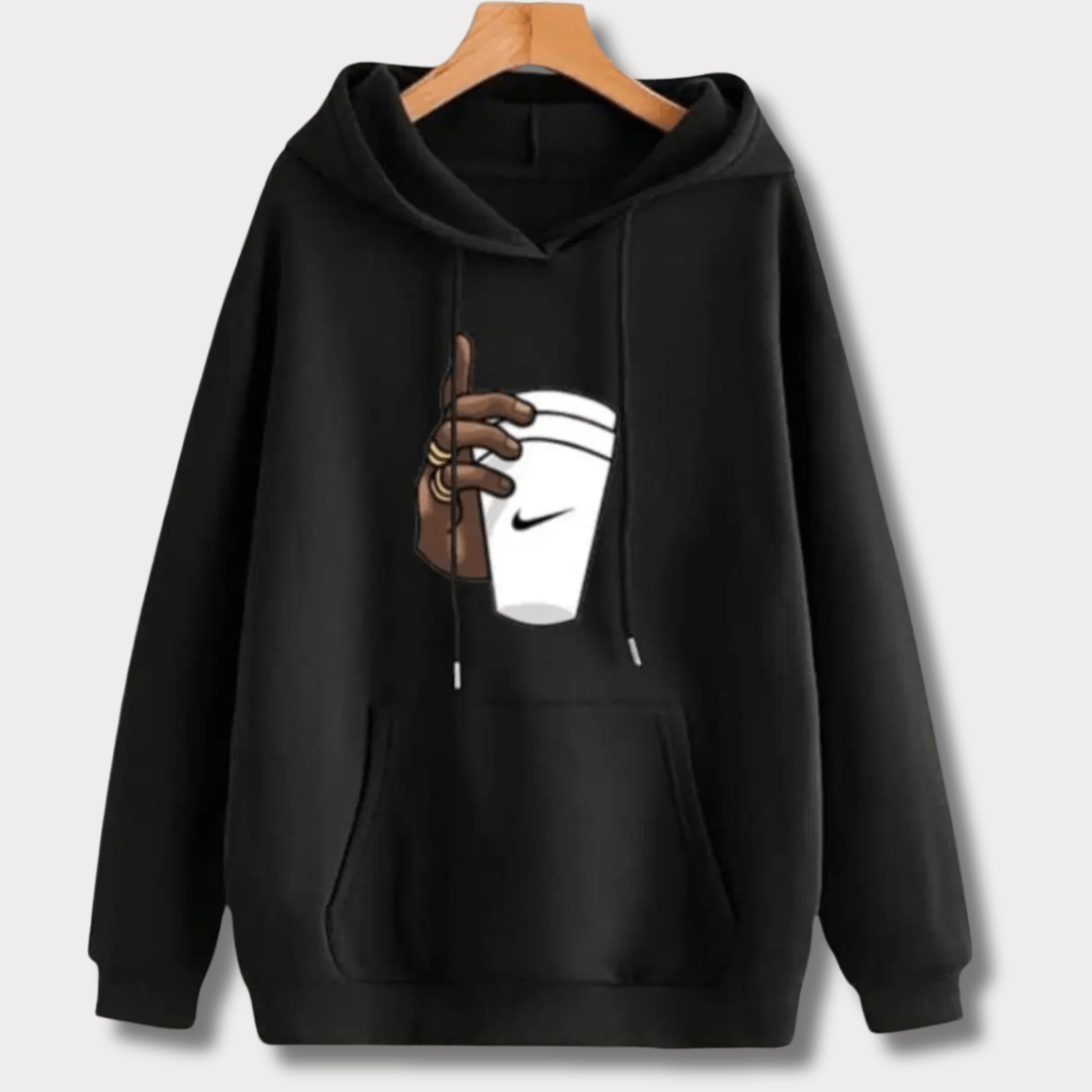 Black Hand With Cup Printed Fleece Hoodie Bn-Ahmad Collection M 