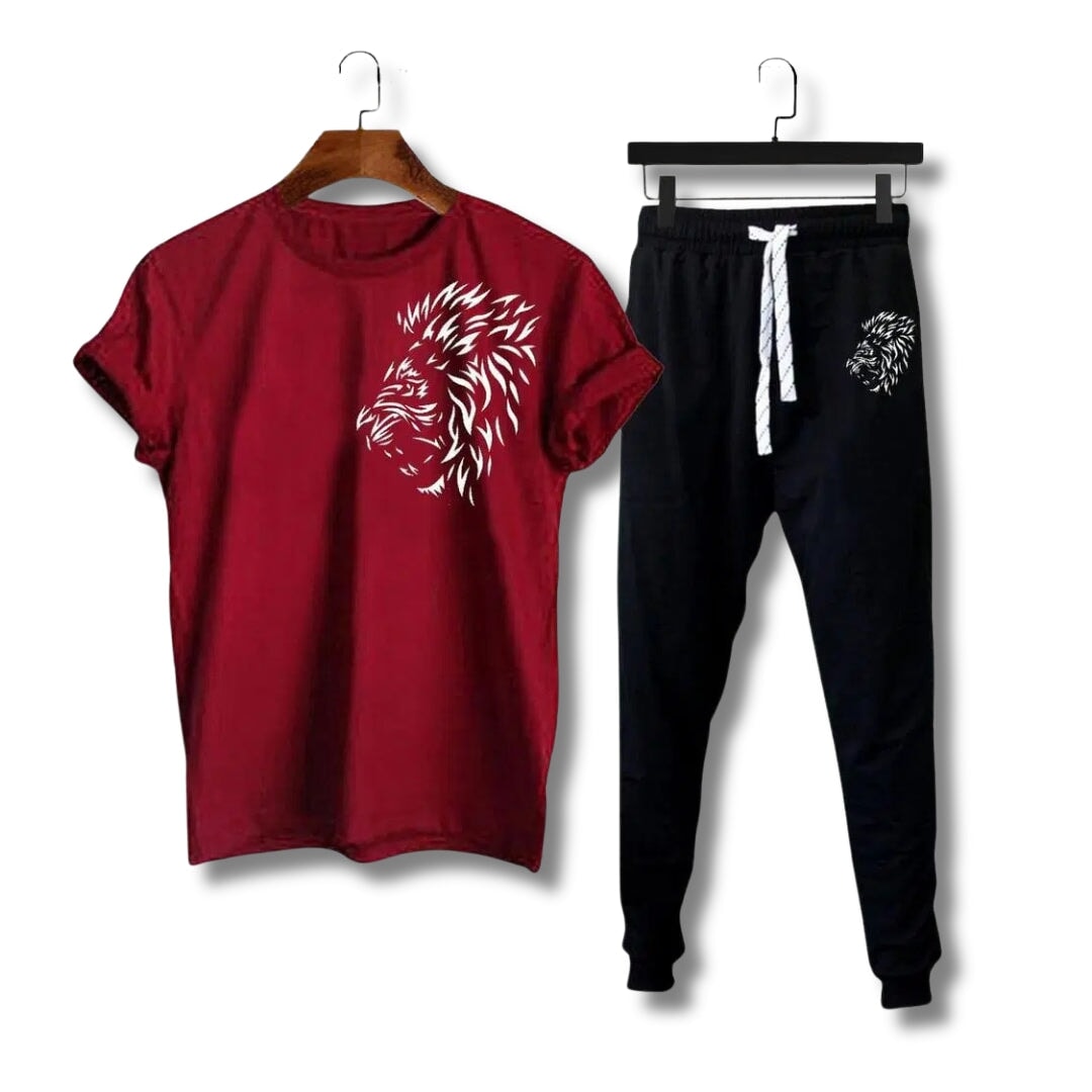2 Pcs Men's Lion Printed Track Suit Bn-Ahmad Collection Maroon M 