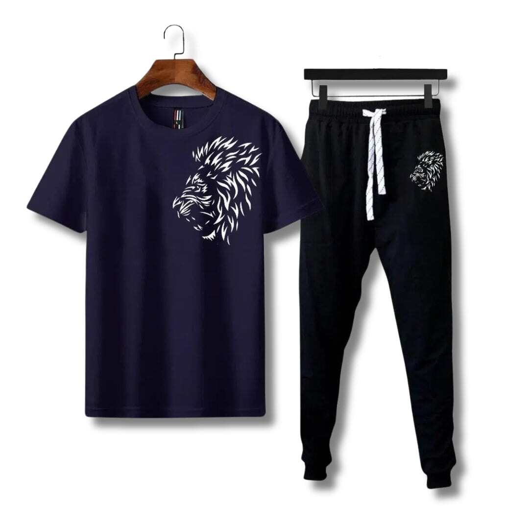 2 Pcs Men's Lion Printed Track Suit Bn-Ahmad Collection Navy M 
