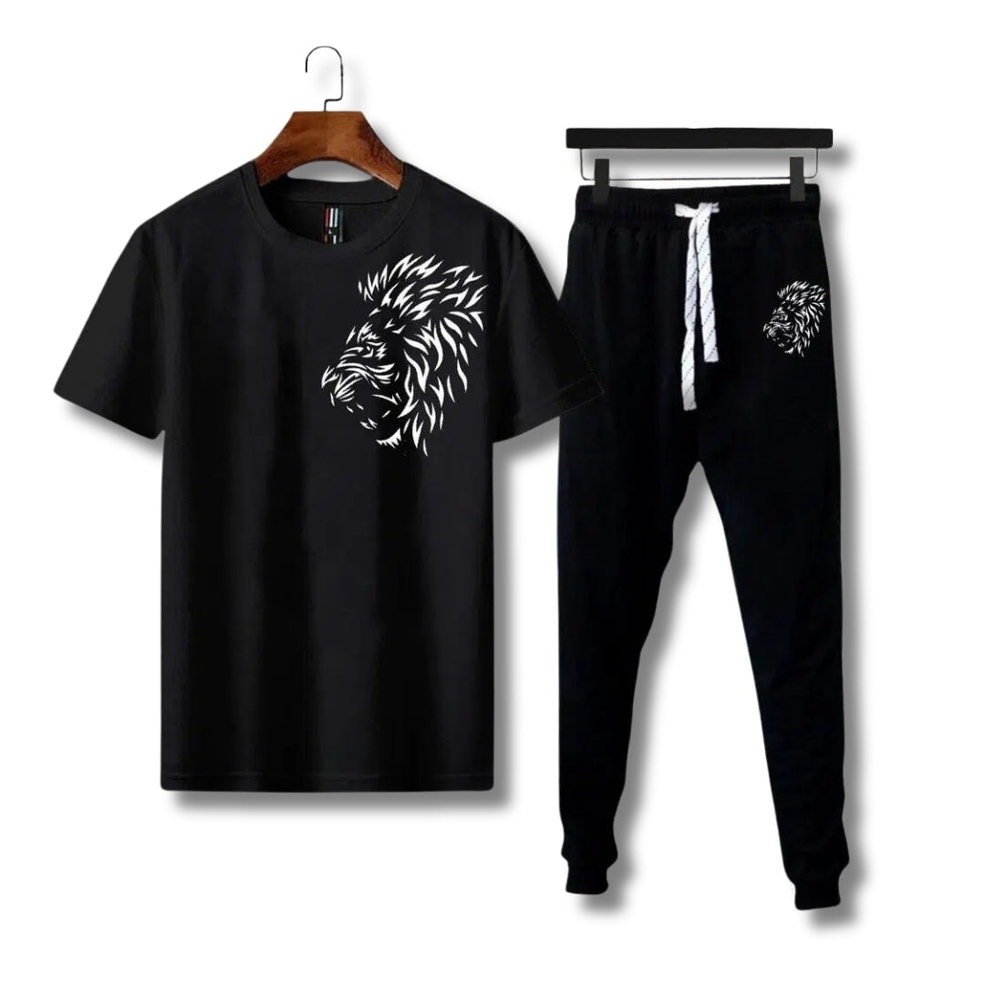 2 Pcs Men's Lion Printed Track Suit Bn-Ahmad Collection Black M 
